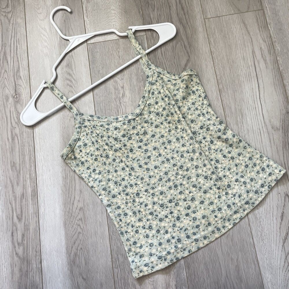 Vintage Floral Tank Top cotton pastel womens Blue Yellow medium coquette casual